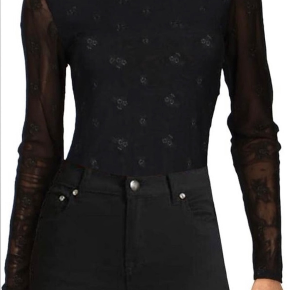 Free People Intimately Black Long Sleeve Floral Sheer Bodysuit. Size. large